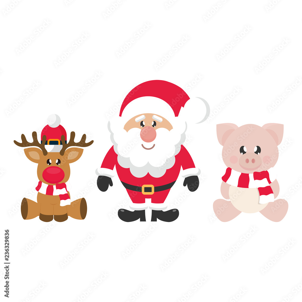 winter cartoon pig with scarf sitting and сhristmas deer and cartoon santa claus winter cartoon pig with scarf sitting and сhristmas deer and cartoon santa claus