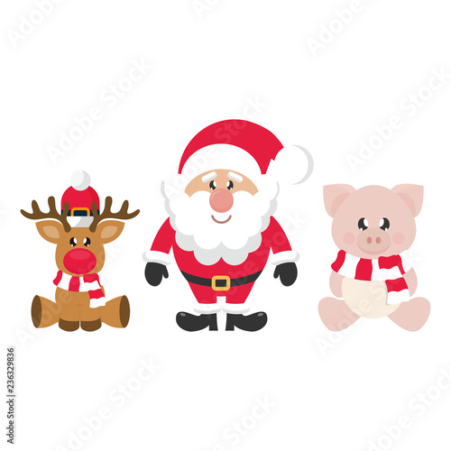 winter cartoon pig with scarf sitting and   hristmas deer and cartoon santa claus