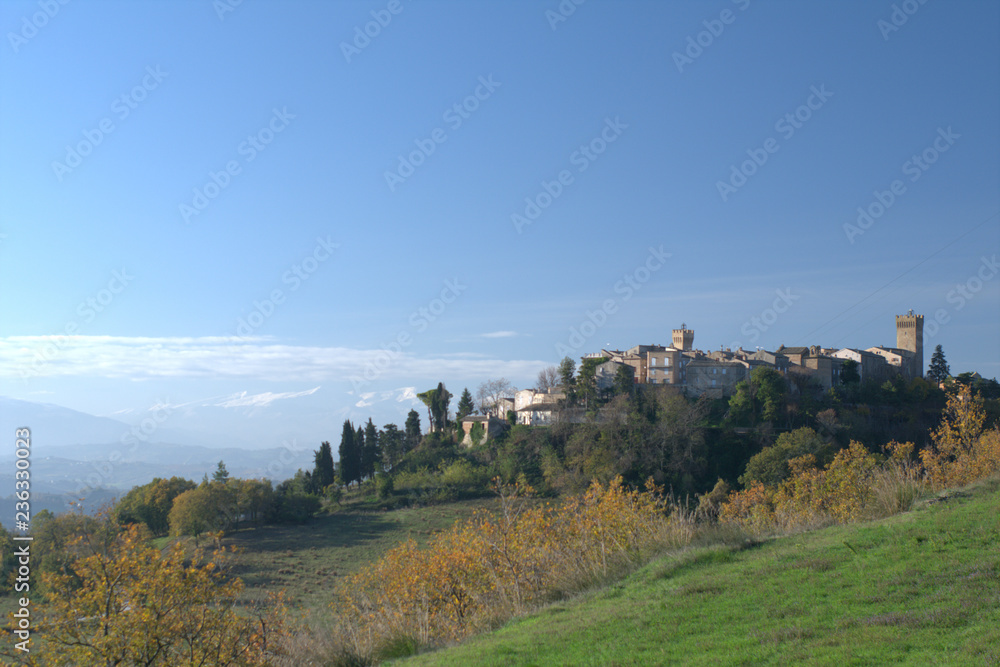 landscape in italy,Moresco,clouds, mountains, blue, autumn,village,miedieval,hill, panorama, green,view,old