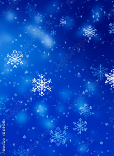 Blue sparkling background with stars. Blue bokeh background with snowflakes. Empty winter background  snowy  celebratory.