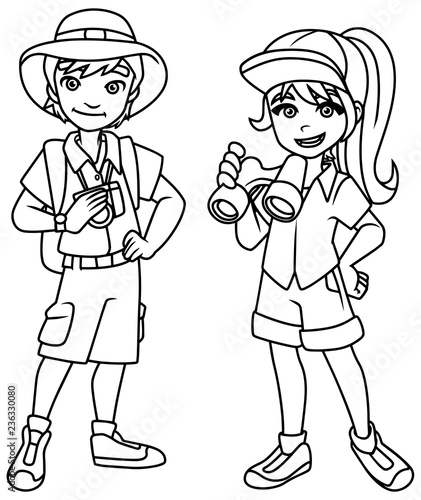 Cartoon line art illustration of 2 happy young explorers ready for their next adventure and isolated on white background. 
