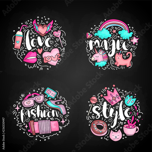 Colored Set of teenage girl icon concept, cute cartoon teen objects, fun stickers design vector with lettering love, magic, fashion, style icons. Doodle icon set with round decoration on black