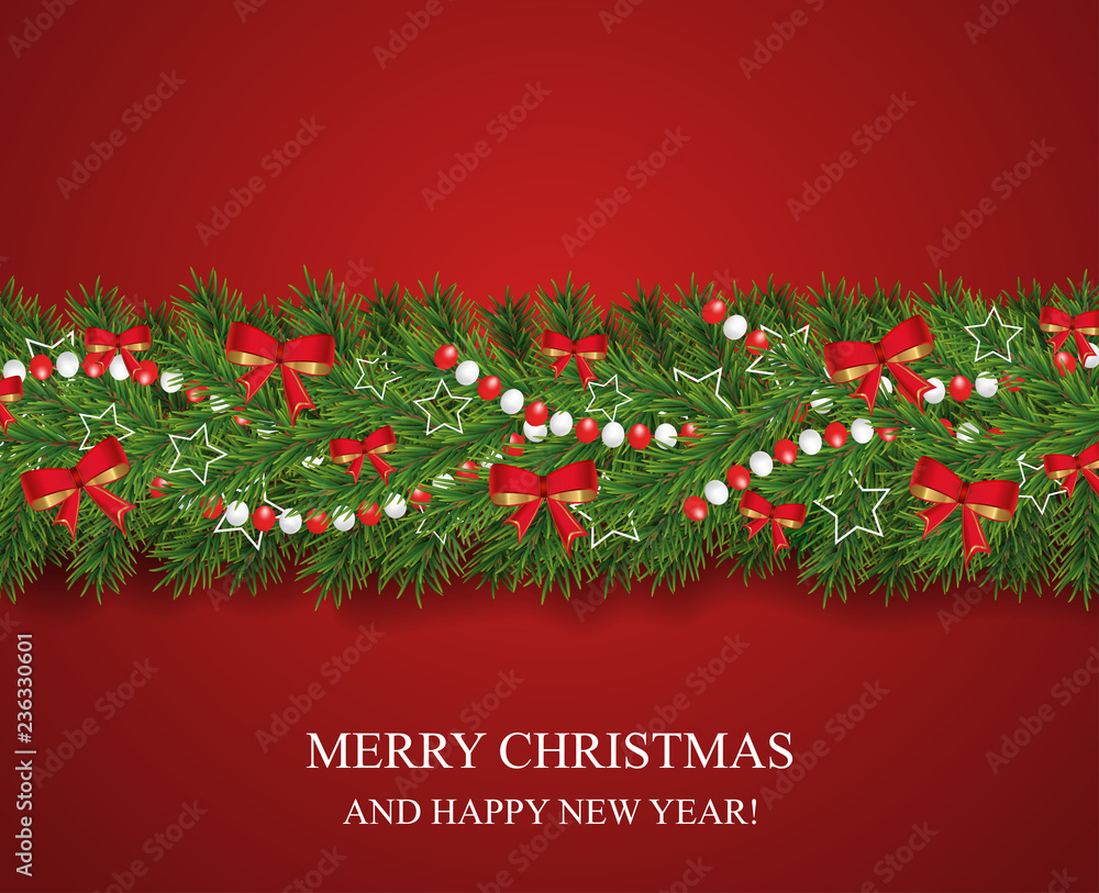 Christmas and happy New Year garland and border of realistic looking Christmas tree branches decorated with red bows, white stars and beads. Horizontal vector