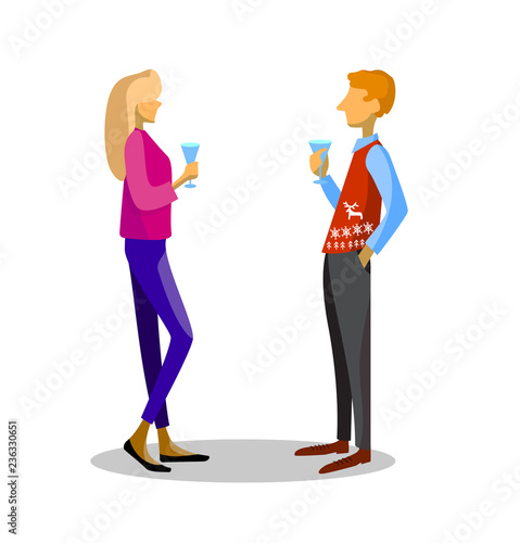 Man and a woman standing talking at a party. Drink alcohol from glasses.Corporate parties flat colorful illustrations set.