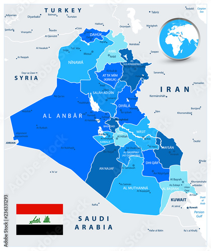 Iraq Political Map in colors of blue