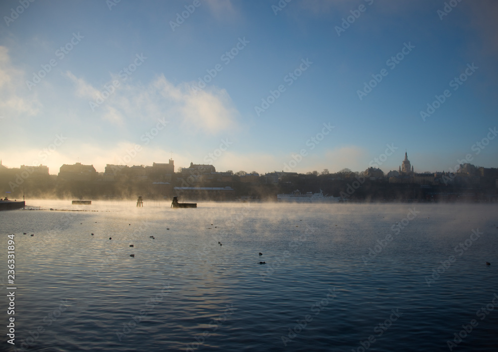 Foggy morning in stockholm harbour, ships and boats in the frosty mist and winter light