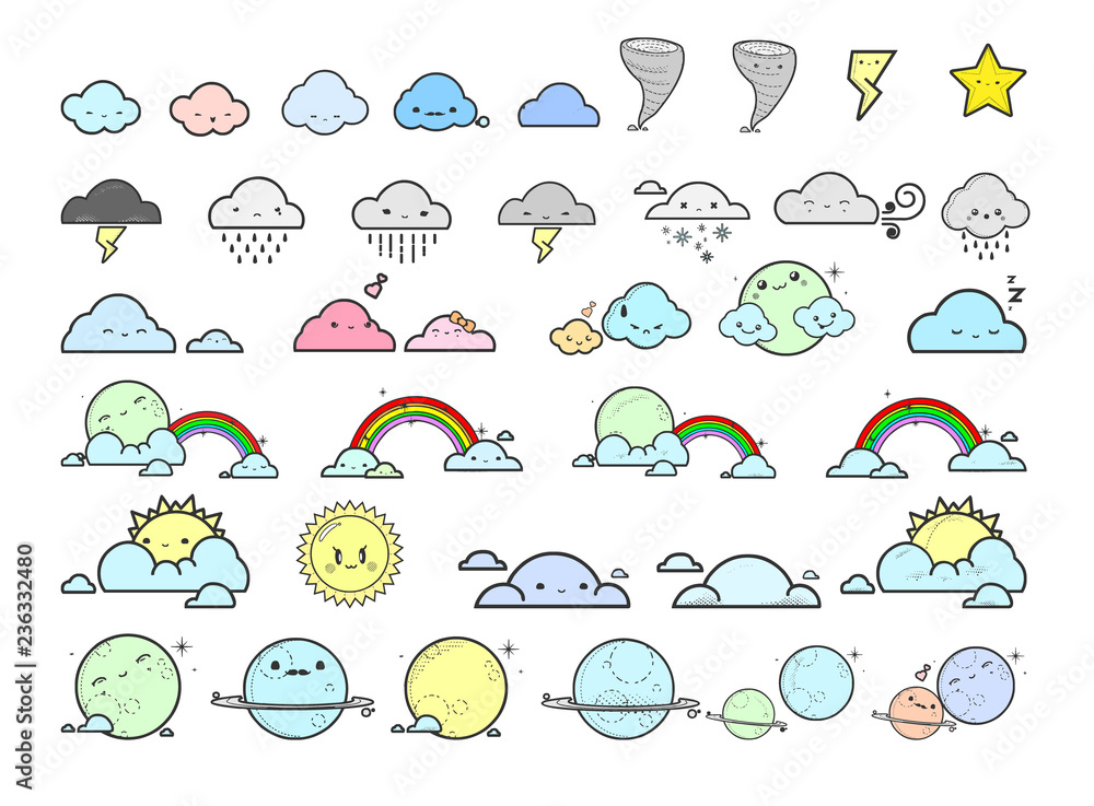 Obraz premium Cute weather icons set. Vector illustration.
