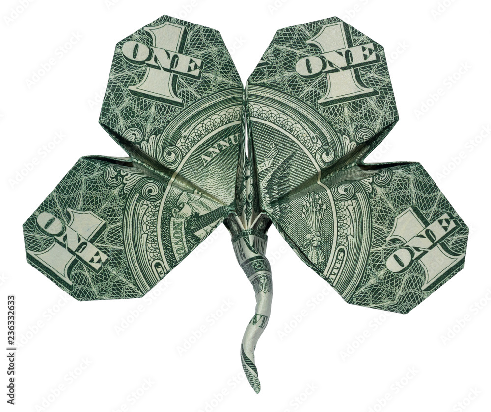 Money Origami Four Leaf Clover Shamrock Folded With Real One Dollar