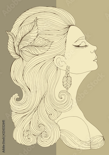 Vector hand drawn portrait in profile of elegant lady in retro style. Girl with wavy hair with a hairpin in the form of leaves. Art Deco style. Decorated Coloring Page A4 size.