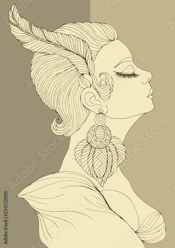 Vector hand drawn portrait in profile of elegant lady in Art Deco colored in yellow gray shades. Girl with a feather in a short hairstyle and a big earring. Decorated Page in old paper A4 size.