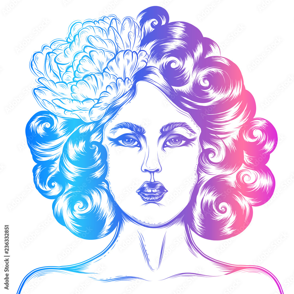 Vector colored tattoo pin up girl. A girl in retro style with a curly hairstyle and