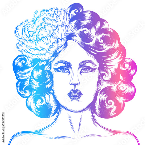 Fototapeta Naklejka Na Ścianę i Meble -  Vector colored tattoo pin up girl.  A girl in retro style with a curly hairstyle and a pion in her hair. Colorful T-shirt print design. Face of a woman close up. Isolated on white background