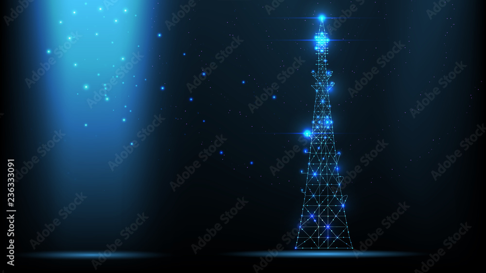 Abstract vector wireframe telecommunications signal transmitter, radio  antenna tower from lines and triangles, point connecting network on dark  background. Illustration vector. Stock Vector | Adobe Stock