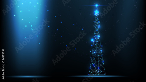 Abstract vector wireframe telecommunications signal transmitter, radio antenna tower from lines and triangles, point connecting network on dark background. Illustration vector.