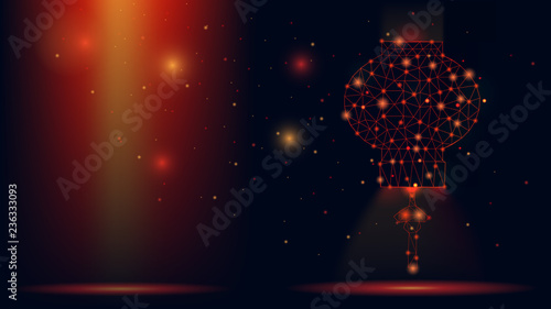 Abstract vector wireframe Chinese lantern . 3d modern illustration on dark red background. Low polygonal mesh art looks like constellation night sky with dots and stars. bright light from particles.
