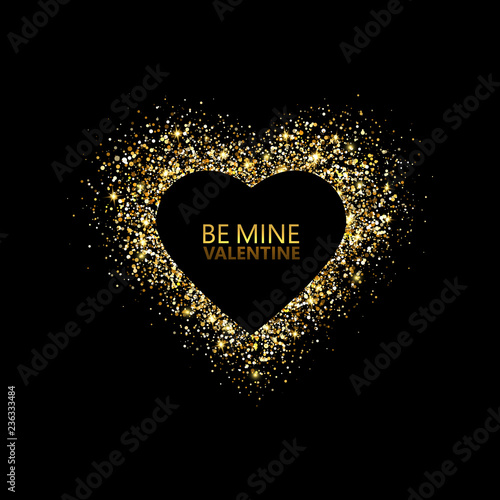 Glitter heart frame. Happy Valentines Day background. Glowing gold stream of confetti particles. Be my Valentine card. Shiny heart trace. Flare light effect. Holiday luxury design. Vector illustrtion