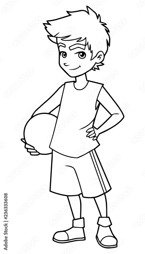 Full length line art illustration of cute and active boy holding basketball while wearing cool summer clothing outdoors against white background for copy space. Full length line art illustration of cute and active boy holding basketball while wearing cool summer clothing outdoors against white background for copy space.