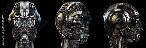 Robot head or very detailed cyborg face. Set of three different angles. Isolated on black background. 3D Render.