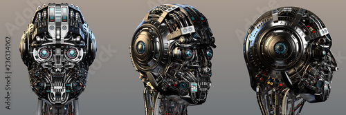 Robot head or very detailed cyborg face. Set of three different angles. Isolated. 3D Render.