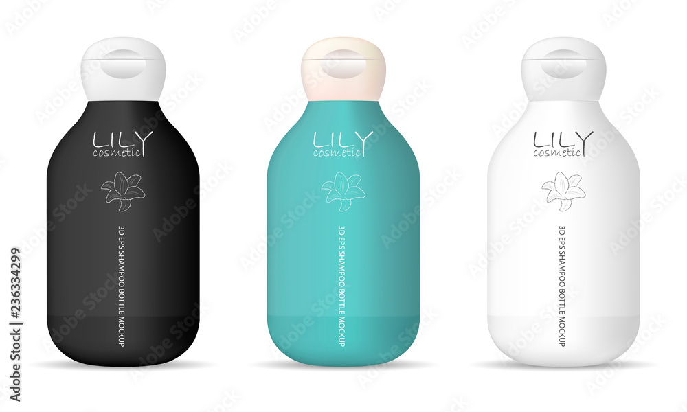 Round cosmetic bottles pack for shampoo, gel, soap and other liquid products. 3d vector mockup packaging design. Round cosmetic bottles pack for shampoo, gel, soap and other liquid products. 3d vector mockup packaging design.
