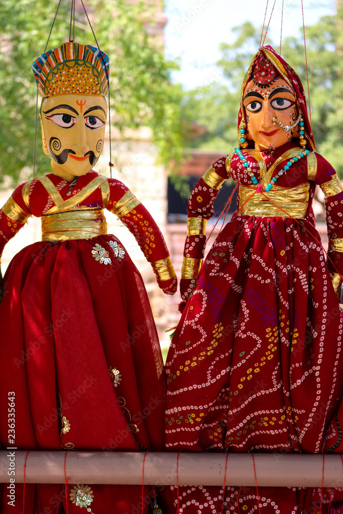 Rajasthani puppets (Kathputli) have been displayed on a shop at Mehrangarh Jodhpur, Rajasthan. Kathputli is a string puppet theatre, native to Rajasthan, India.
