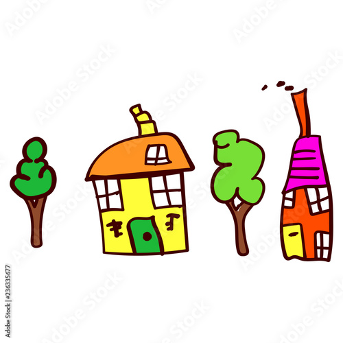 Childrens drawing with houses and trees