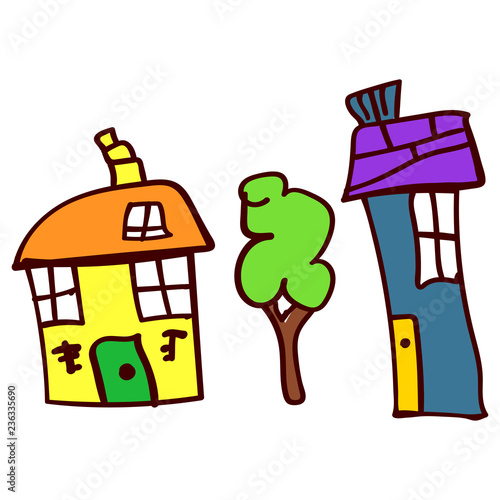 Childrens drawing with houses and tree