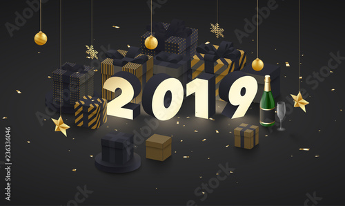 New Year 2019 poster with 3d gifts, Champagne and confetti.