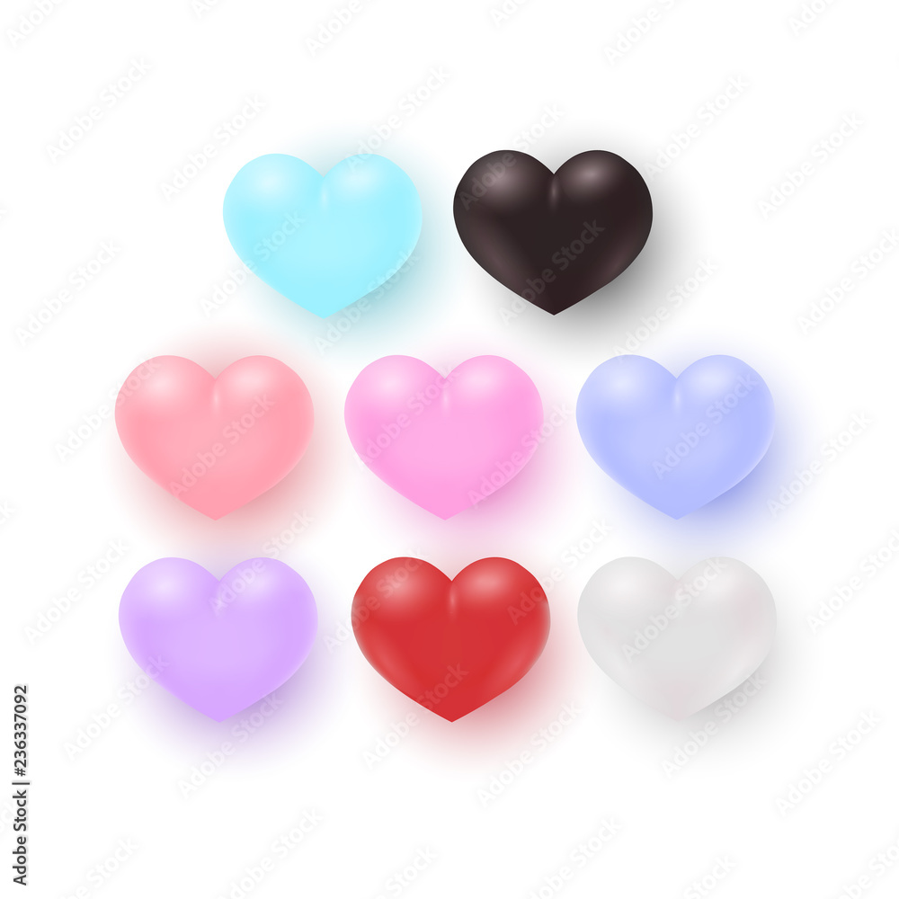 Vector illustration set of heart shapes of different colors in realistic 3d style isolated on white background - beautiful multicolor romantic elements for tender holiday design.