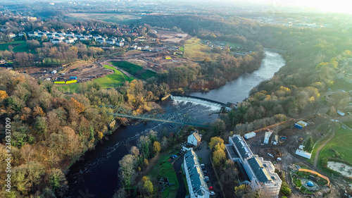 Aerial image of the David Livingstone memorial bridge and Blantyre Weir on the River Clyde.