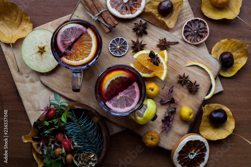 Delicious Christmas mulled wine with orange, lemon zest, cinnamon and anise