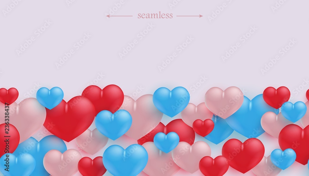 Love and friendship seamless border pattern with colorful heart shapes in realistic 3d style on light background with copy space - Valentines day congratulation frame.