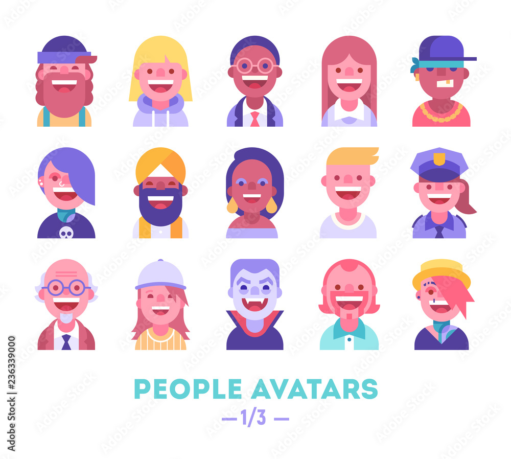 Set of vector avatars. Different skin tones, clothes and hair styles. Modern and clear flat style. Part 1 of 3. Set of vector avatars. Different skin tones, clothes and hair styles. Modern and clear flat style. Part 1 of 3.