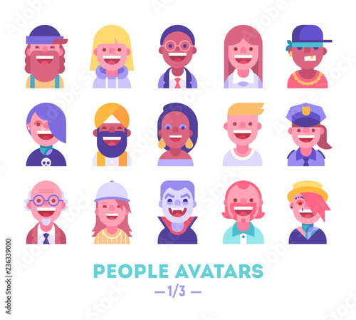 Set of vector avatars. Different skin tones, clothes and hair styles. Modern and clear flat style. Part 1 of 3. 
