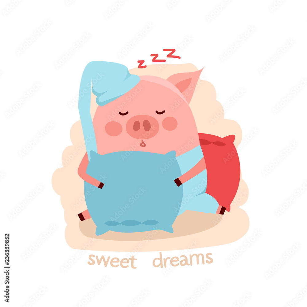 Cute cartoon sleeping pig hugging the pillow Cute cartoon sleeping pig hugging the pillow