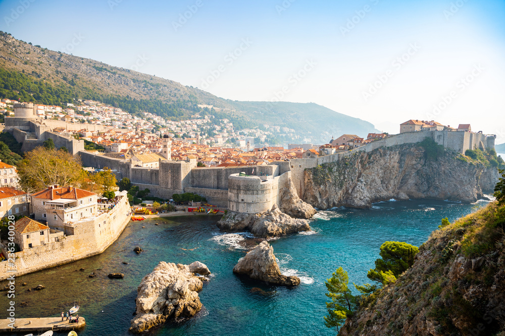 View from Fort Lovrijenac to Dubrovnik Old town in Croatia at sunset light