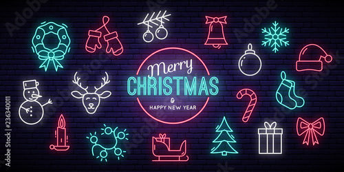 Christmas and New Year Neon Signs. Winter Holiday Symbols. Vector illustration.