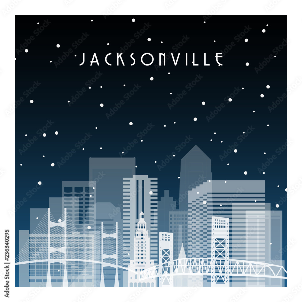 Winter night in Jacksonville. Night city in flat style for banner, poster, illustration, background. Winter night in Jacksonville. Night city in flat style for banner, poster, illustration, background.