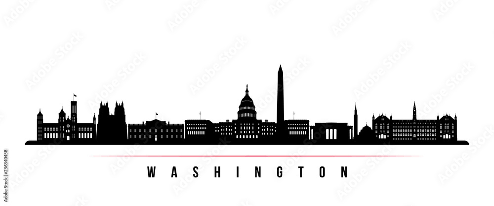 Washington city skyline horizontal banner. Black and white silhouette of Washington city, Netherlands. Vector template for your design.