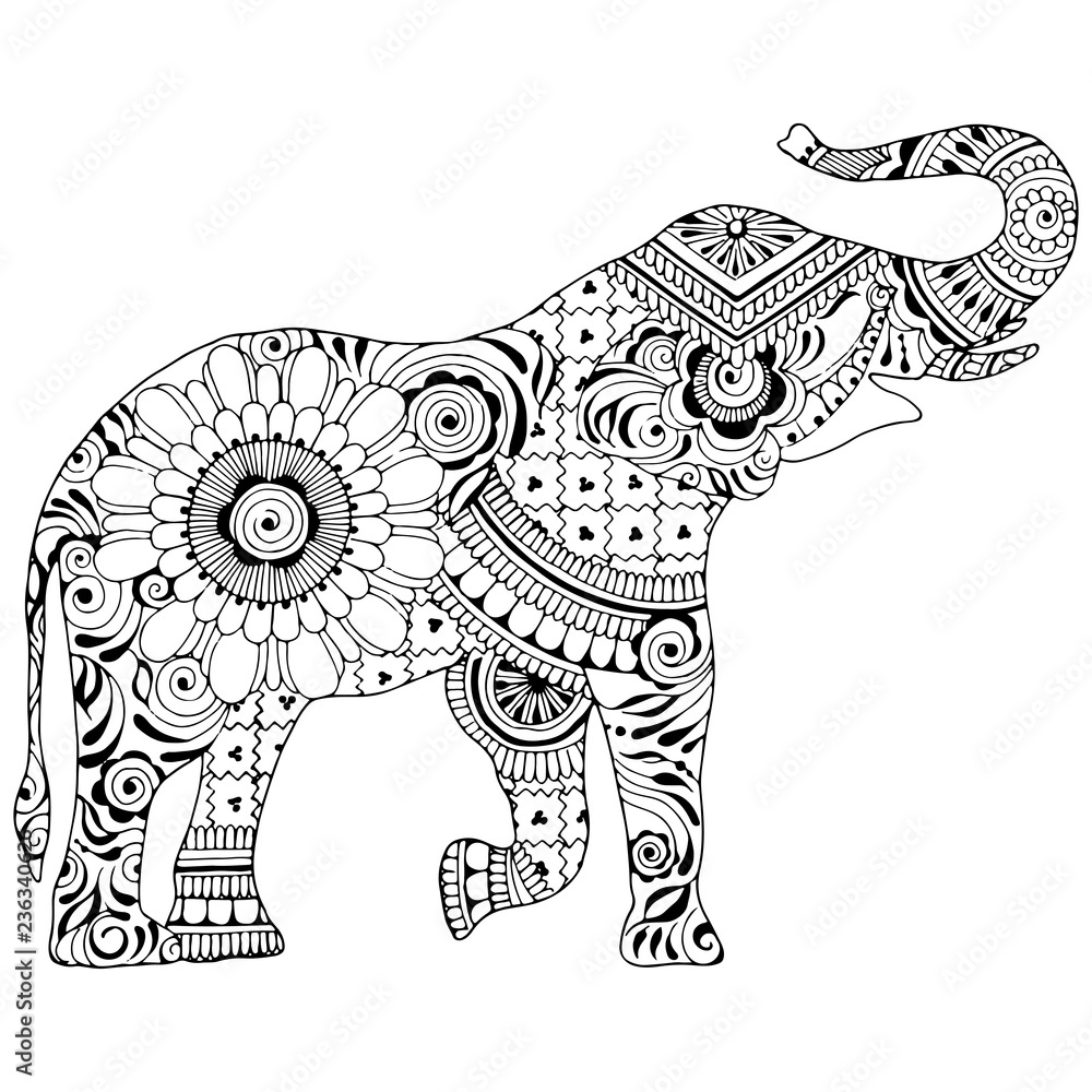 Naklejka premium Słoń z podniesionym tułowiem na białym tle. Sylwetka ozdobiona indyjskimi wzorami. Symbol stabilności i niewrażliwości.