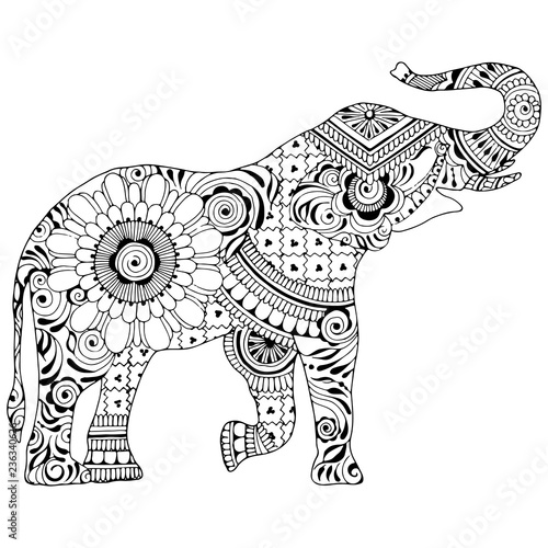 An elephant with a raised trunk on a white background. Silhouette decorated with Indian patterns. Symbol of stability and invulnerability.
