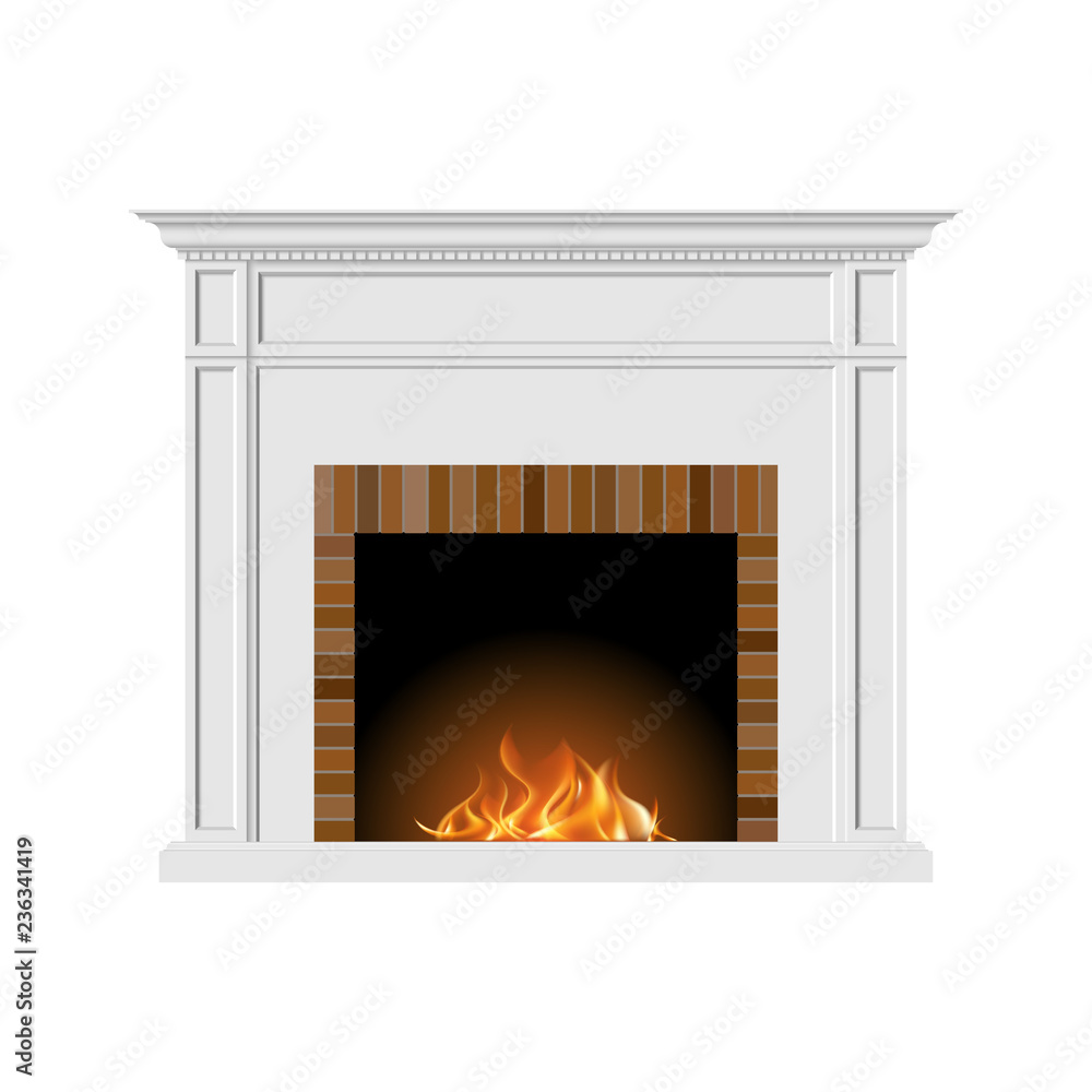 Fireplace with natural fire and bricks in a classic style. Element of the interior of the living room. Vector illustration EPS10. Fireplace with natural fire and bricks in a classic style. Element of the interior of the living room. Vector illustration EPS10.