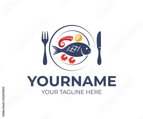 Seafood restaurant, fork, knife and plate with fish, octopus, squid, shrimp and lemon, logo design. Food, fast food, organic and natural meal, vector design and illustration