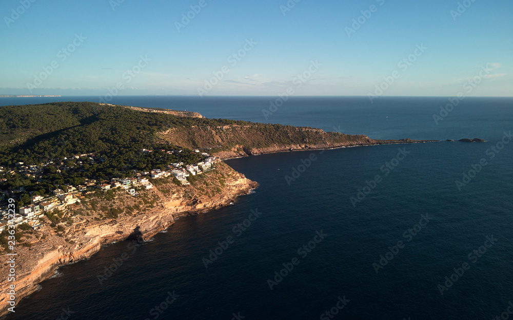 Es Ribell, rocky shoreline Mediterranean sea. Majorca. Spain