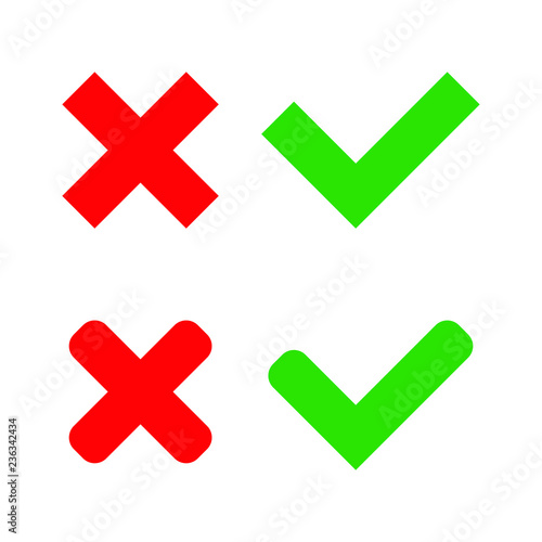 Green Check Mark and Red Cross in two variants (square and rounded corners) - Isolated Vector Illustration	