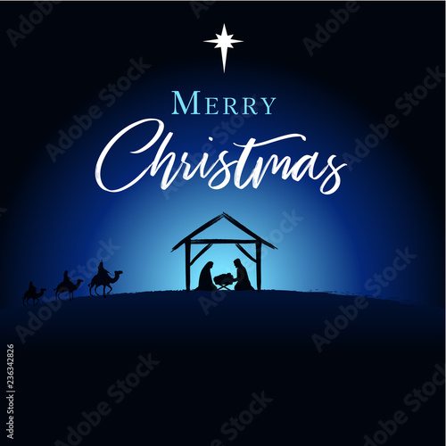 Merry Christmas, birth of Christ greeting card. Nativity scene of baby Jesus in the manger with Mary and Joseph in silhouette, surrounded by star and three wise men on camels. Vector banner or poster