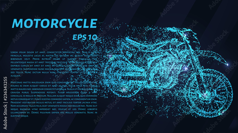 Obraz premium Motorcycle of blue glowing dots. Motorcycle of the particles. Vector illustration.