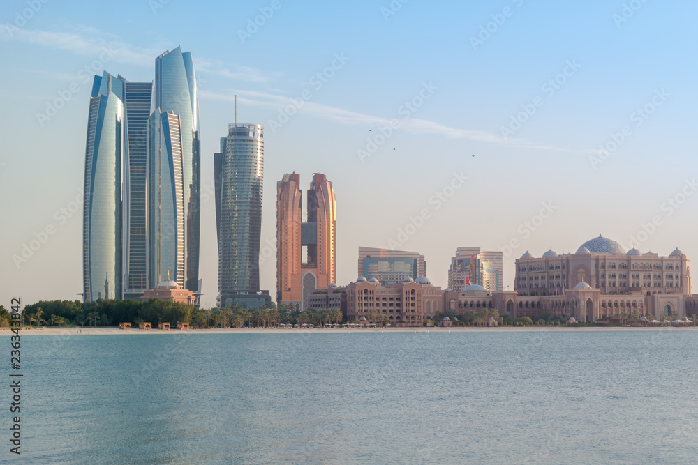 Abu Dhabi city skyline, beautiful view of the Etihad towers and Emirates Palace