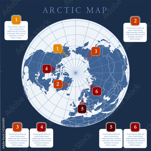 Arctic map with countries boundary, grid and label. Arctic regions of northern hemisphere. Circumpolar projection. Vector. Infographic. Dark background.