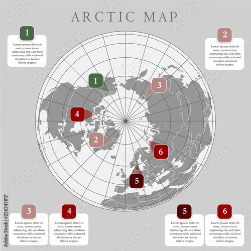 Arctic map with countries boundary, grid and label. Arctic regions of northern hemisphere. Circumpolar projection. Vector. Infographic. Gray background.